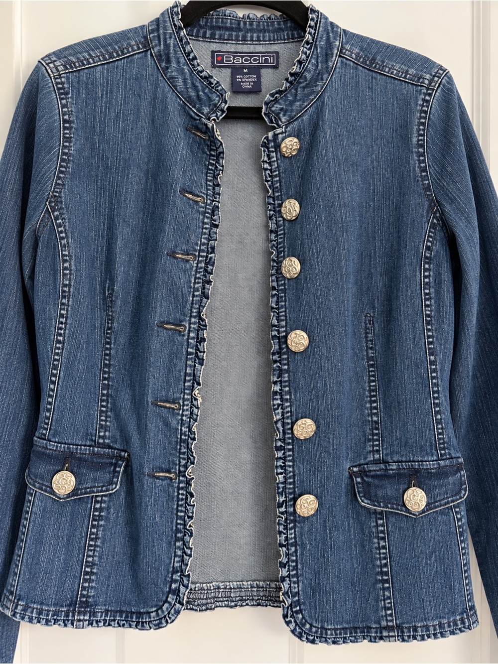 Baccini Blue Ruffled-Trim Denim Jacket with Decorative Buttons